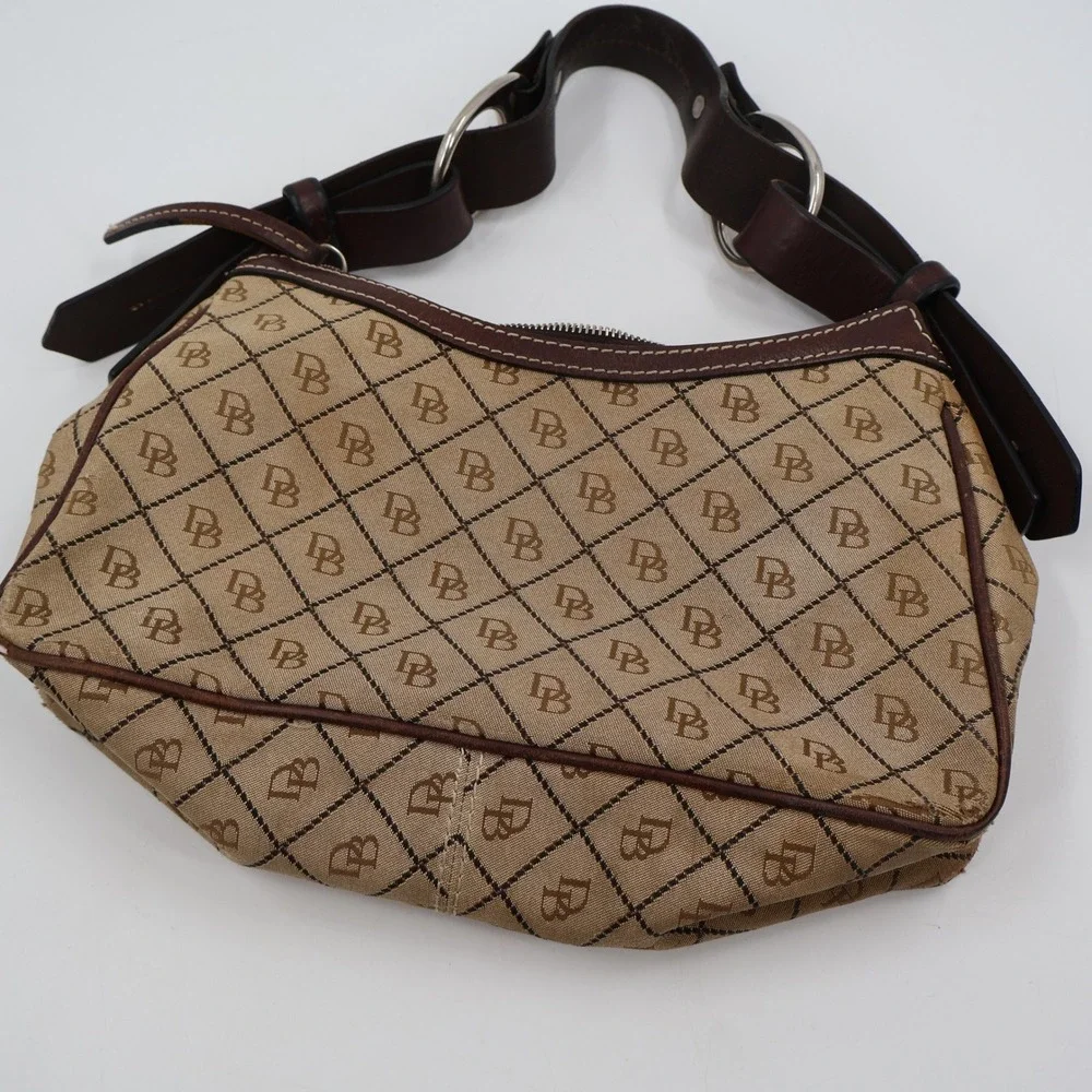 Dooney & Bourke Monogram Hobo Bag Womens Small Tan Brown Canvas Leather Vintage